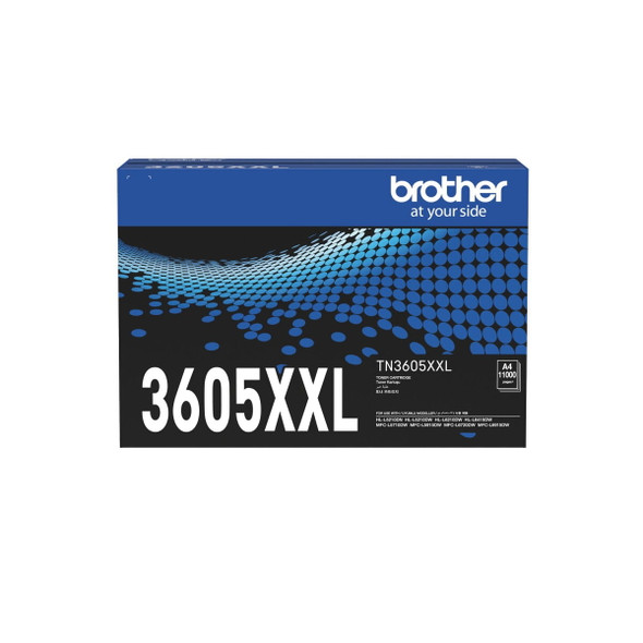 Brother TN3605XXL Toner Cart, blue and black box with white text and Brother logo displayed.