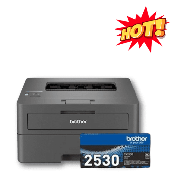 Brother HL-L2445DW Laser Printer with Brother TN-2530 Toner cartridge, dark gray, compact design.