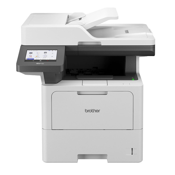 Brother MFC-L6720DW Mono Laser Printer, white and grey, with control panel and open top tray visible.