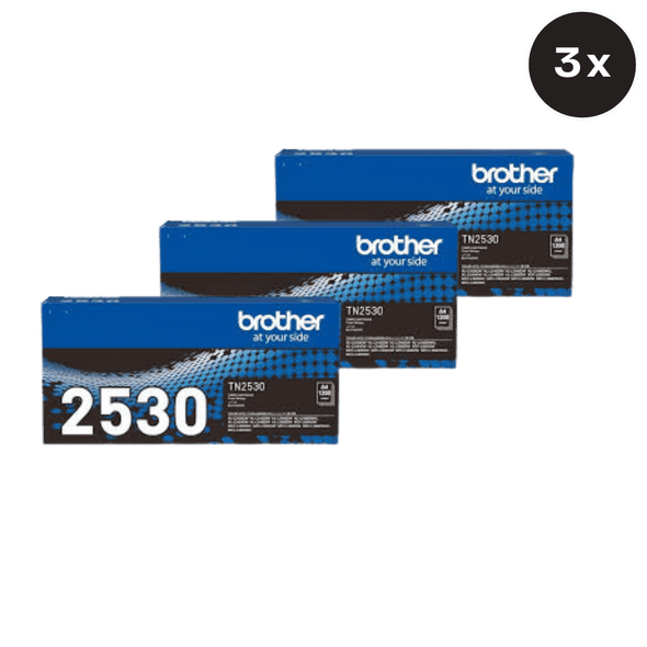 Three Brother TN-2530 black toner cartridges, blue packaging, Brother logo, and model number clearly visible.