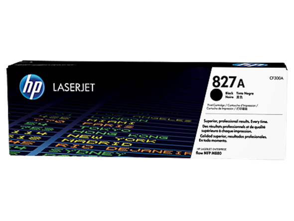 HP 827A Toner Cartridge Bundle Pack, includes black, cyan, magenta, yellow, LaserJet printer cartridges.
