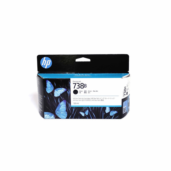 HP 738 Black DesignJet Ink Cartridge 130ml genuine packaging with blue butterflies and white label.