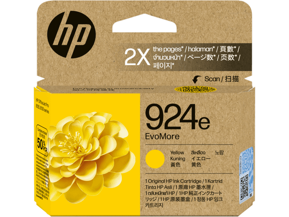Genuine HP 924e Yellow Ink Cartridge, High Yield, EvoMore, in original packaging with yellow flower design.