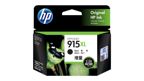 Genuine HP 915XL Black Ink Cartridge, high yield, in original packaging with green and black design.