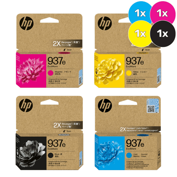 HP 937e Printer Cartridge Bundle, four cartridges, cyan, magenta, yellow, black, HP brand packaging shown.