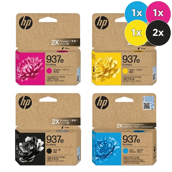 HP 937e Printer Cartridge Bundle - [1 x Cyan, Magenta, Yellow, 2 x Black]
