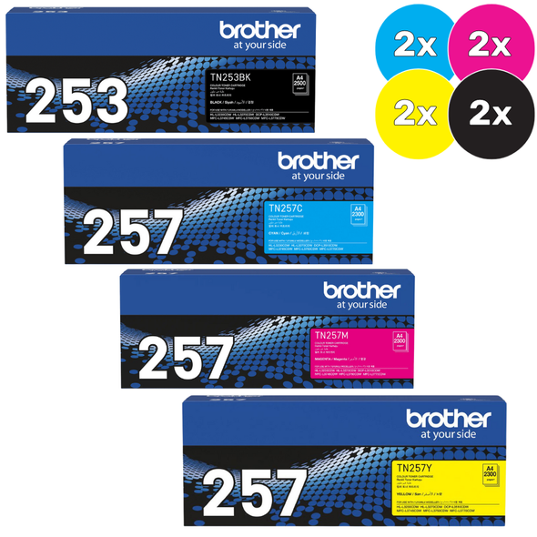 Brother TN-253 & TN-257 Bundle Pack, 2x Black, Cyan, Magenta, Yellow toner cartridges, Brother brand.
