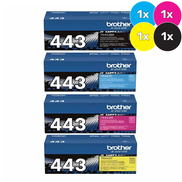 Brother TN-443 Toner Cartridges bundle, 1 each of black, cyan, magenta, yellow, Brother brand packaging.