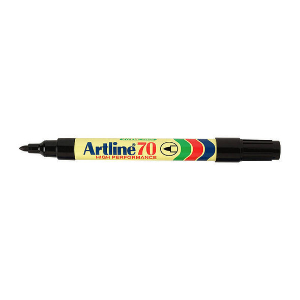 Artline 107001 Genuine Office Supply Permanent Marker, black tip and barrel, colorful label on white background.