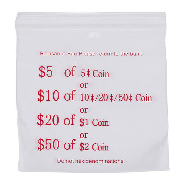 Cumberland Press Seal Coin Bags 60 Micron 110 x 100mm Clear/Red (Pack of 100)