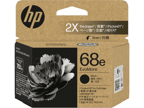 Genuine HP 68e Black Ink Cartridge, EvoMore, in original packaging, brown box with black details.