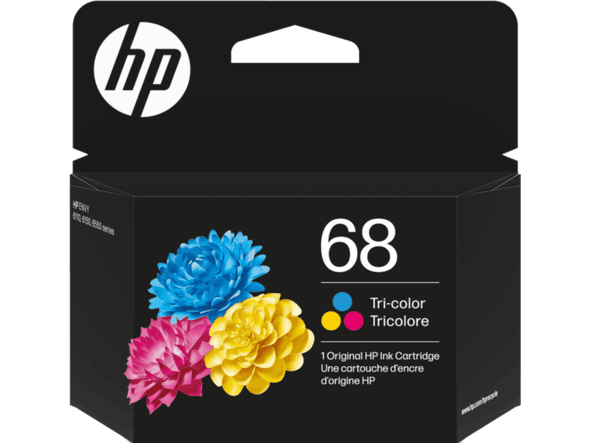 Genuine HP 68 Tri-Colour Ink Cartridge, black box with colorful flowers and HP logo displayed.