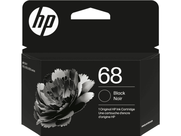 Genuine HP 68 Black Ink Cartridge, HP logo, packaging with flower design, black color.