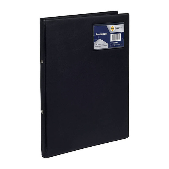 Marbig Flexible Binder A4 20mm, black office folder with label on a white background.