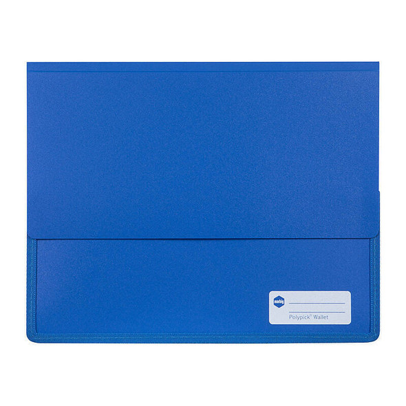 Marbig Polypick A4 Heavy Duty Document Wallet, blue genuine, with label on lower right corner.