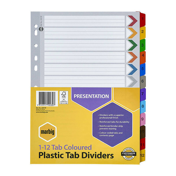 Marbig Indices &amp; Dividers 1-12 Tab Reinforced A4 Colourour