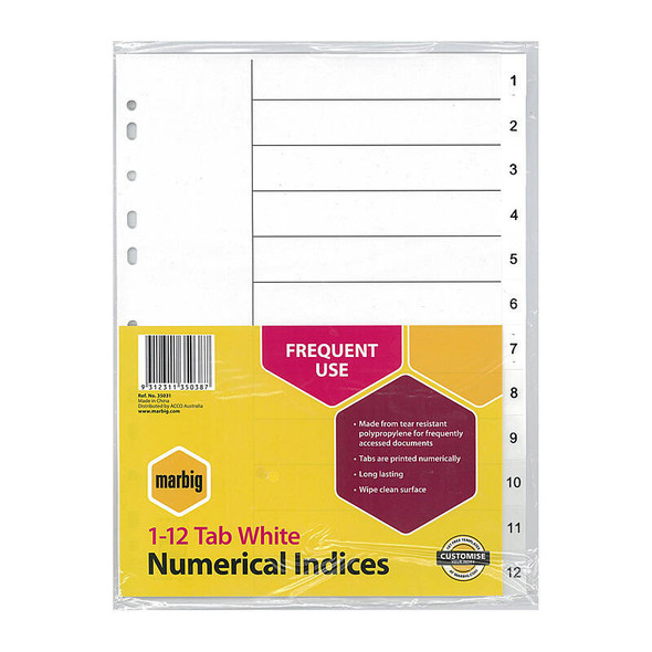 Marbig Indices &amp; Dividers 1-12 Tab Polypropylene A4 White