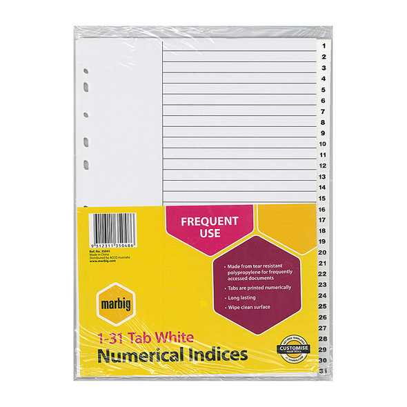 Marbig Indices &amp; Dividers 1-31 Tab Polypropylene A4 White