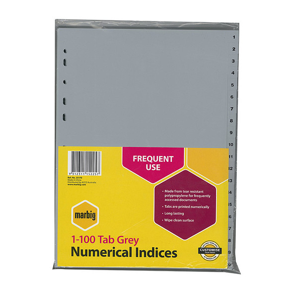 Marbig A4 Grey Index Dividers, 1-100 Tab Polypropylene, Genuine product packaging with yellow and pink labels.