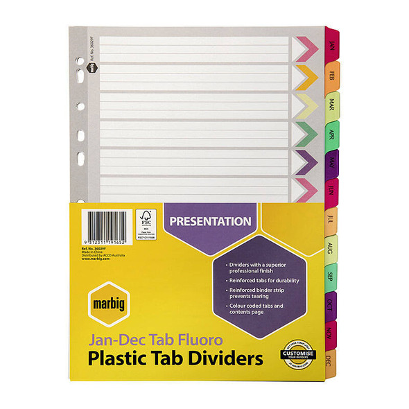 Marbig A4 Fluorescent Plastic Tab Dividers, Reinforced Tabs, Jan-Dec Index, Multicolor, Office Supplies.