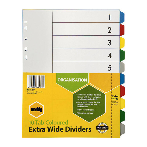 Marbig A4 Extra Wide 10 Tab Polypropylene Dividers, coloured tabs, yellow and green packaging visible.