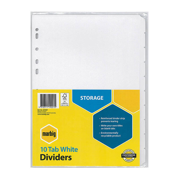 Marbig Indices & Dividers 10 Tab Manila A4 White