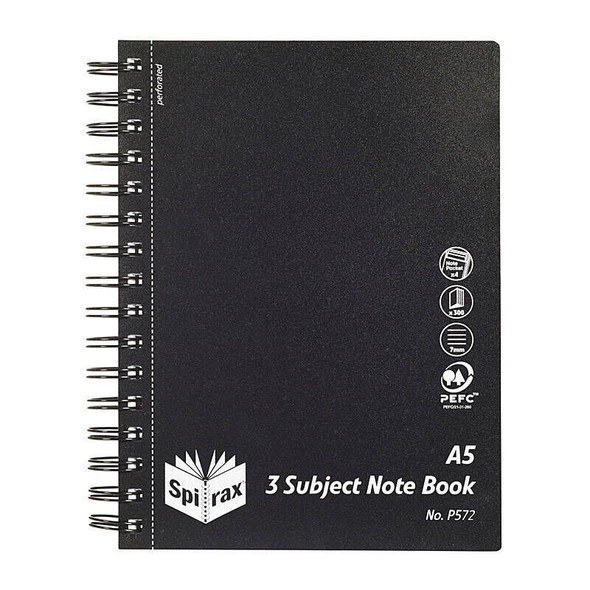 Spirax P572 PP 3 Subject Book A5 300 Page Black Side Opening (Pack of 5)