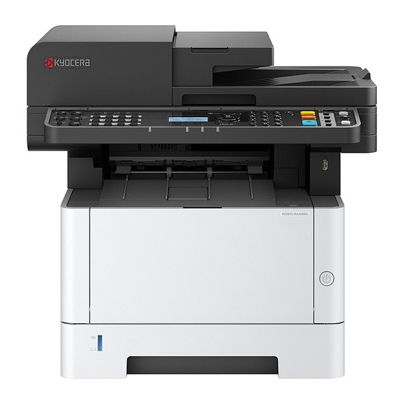 Kyocera MA4000FX Mono MFP printer, black and white, multifunction device with scanner and control panel.