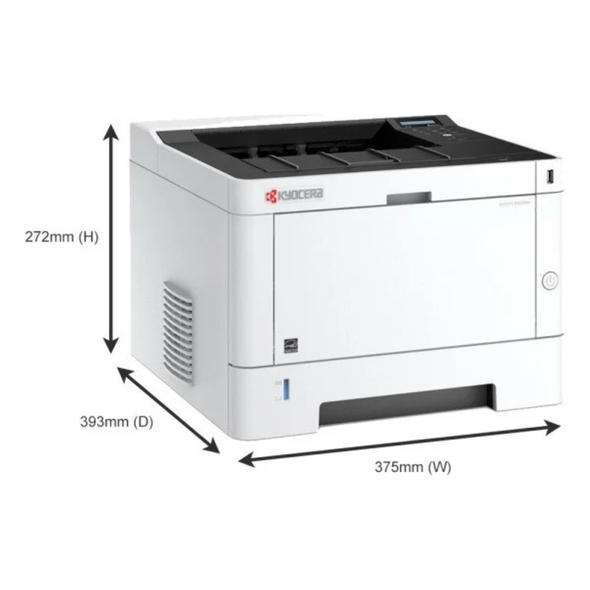 Kyocera PA4000X Laser printer, white and black, 375mm wide, 303mm deep, 272mm high.