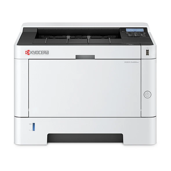 Kyocera PA4000WX Laser printer, white and black, with digital display and Kyocera logo on front.
