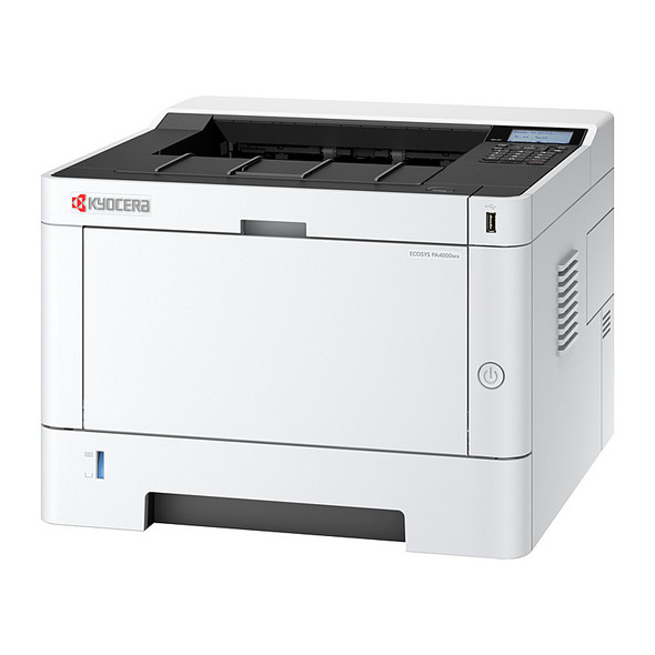 Kyocera PA4000WX Laser printer, white and black, with red logo on front panel shown.