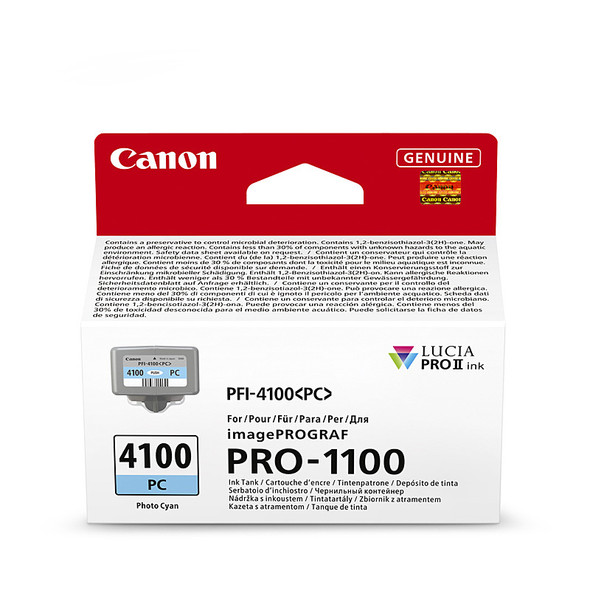 Canon PFI4100 Ph Cyan Ink Cart, genuine Lucia Pro ink cartridge for imagePROGRA PRO-1100 printer.