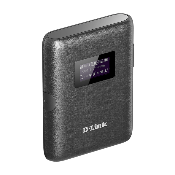 D-Link DWR-933M Wi-Fi hotspot device with LCD screen and logo on a black background.