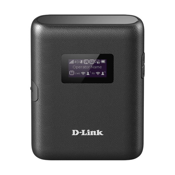 D-Link DWR-933M Wi-Fi Hotspot, black, with LCD screen and D-Link logo, portable wireless router device.