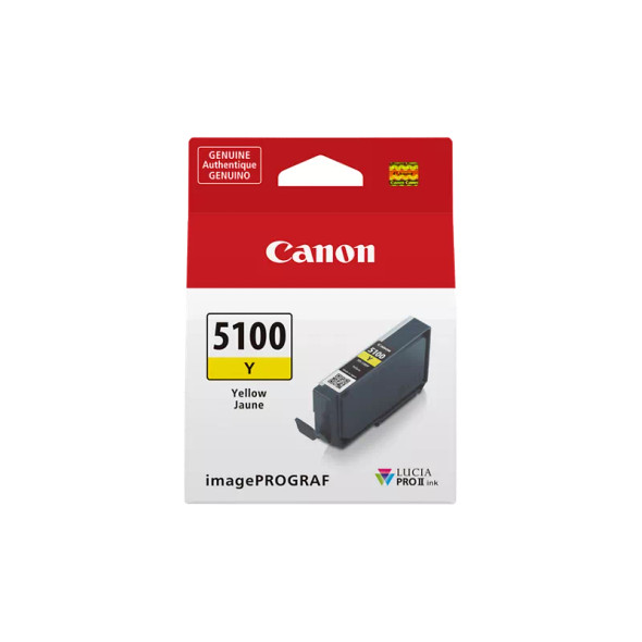 Canon PFI5100 Yellow Ink Cartridge, genuine Canon product packaging with product details clearly visible.