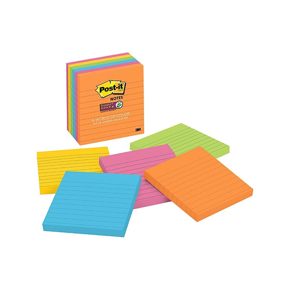 Post-it Super Sticky Notes 675-6SSUC, Energy Boost, 4x4", assorted vibrant colors, 6 pack displayed.