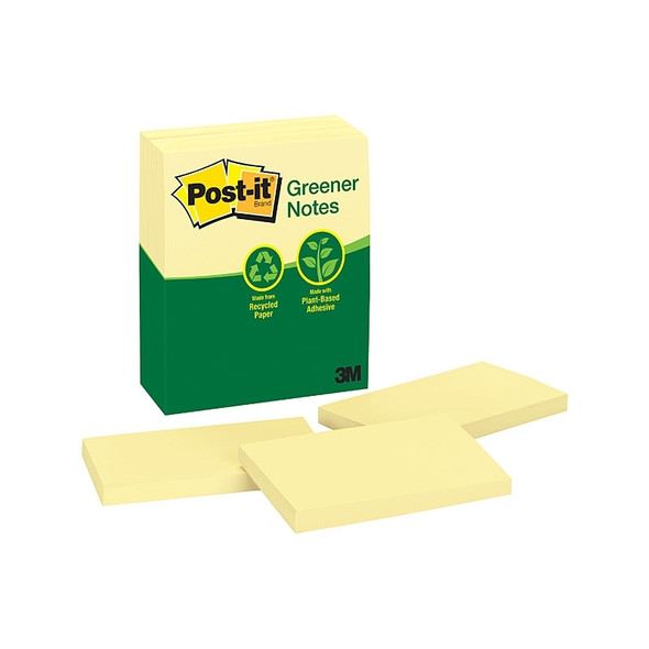 Post-it Greener Notes canary yellow sticky notes, 3x3 inches, in eco-friendly packaging, brand product display.