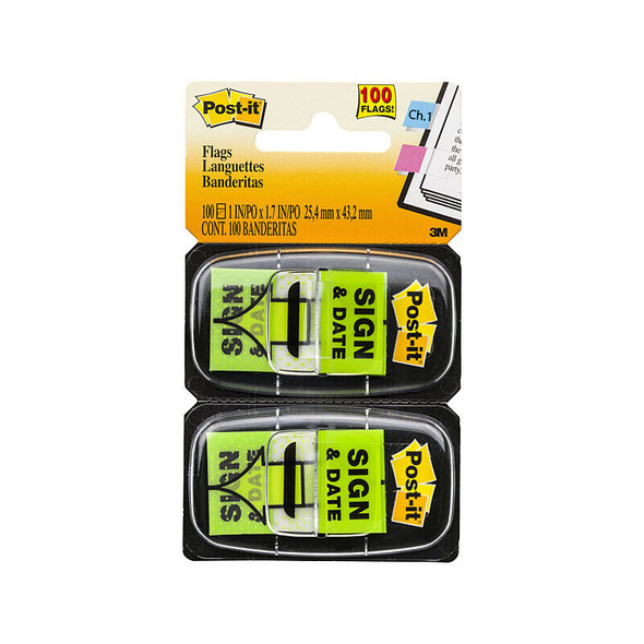 Post-It Sign & Date Flags Bright Green 25 x 43mm (Pack of 2, Box of 6)