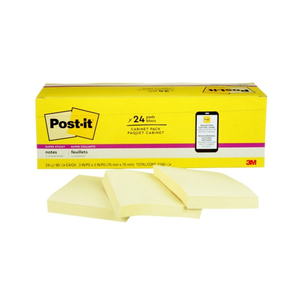 Post-It Super Sticky Notes Canary Yellow Cabinet Pack 76 x 76mm (Pack of 24)