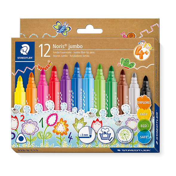 Staedtler Noris jumbo crayon set, 12 vibrant colors, packaged in cardboard with colorful illustrations and graphics.