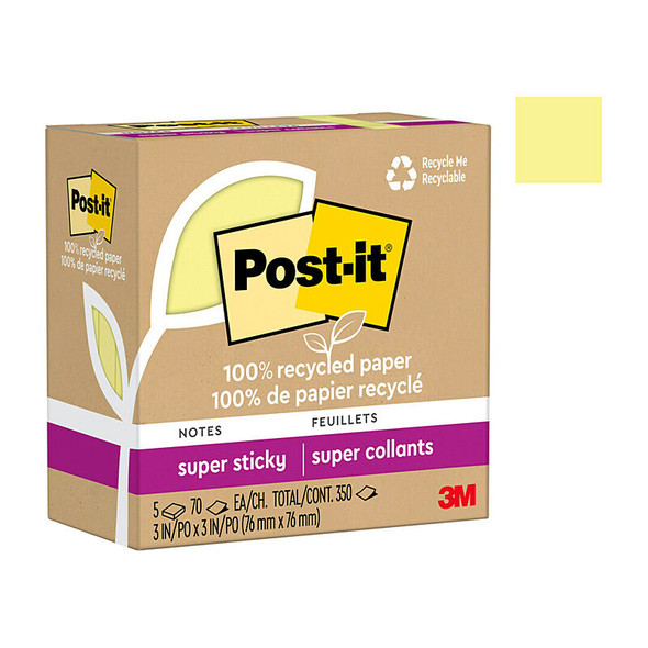 Post-It Super Sticky Recycled Notes Canary Yellow 76 x 76mm (Pack of 5, Box of 6)
