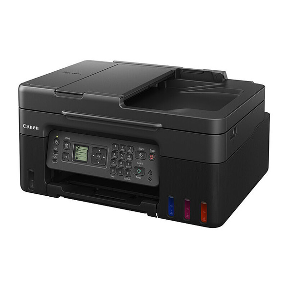 Canon G4670 MegaTank Printer, black, with LCD display and colored ink tanks on front right.