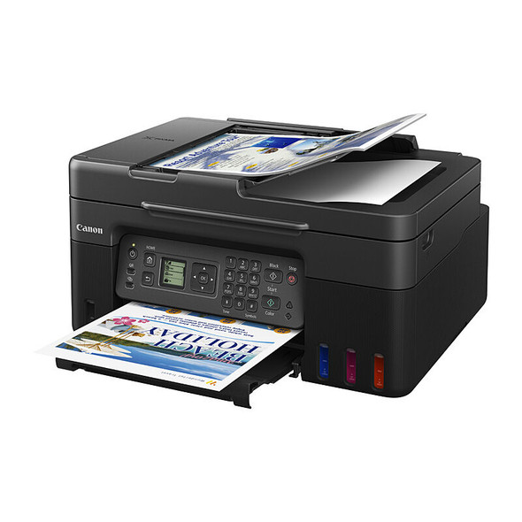 Canon G4670 MegaTank Printer, black, with paper tray extended and LCD display on front panel.