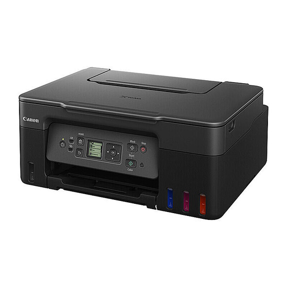 Canon G3670BK MegaTank Printer, black, with control panel and ink tanks, compact design.