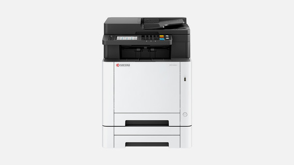 Kyocera MA2600CFX Clr MFP, white and black printer with two drawers, front view, office equipment.
