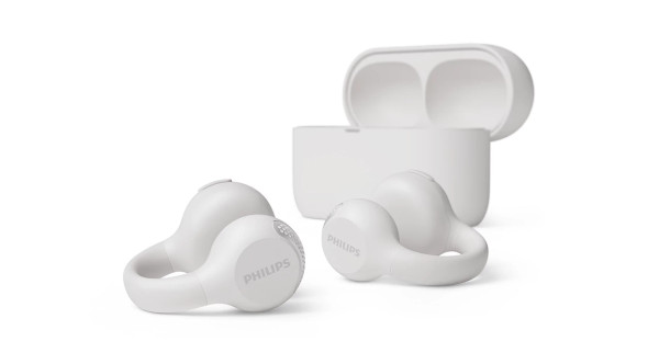 Philips wireless open earbuds in white, with charging case, showcasing sleek design and earpieces.