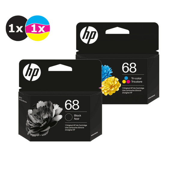 HP68BLKCLR2PK Value Pack ink cartridges, HP brand, black and color, original packaging, two cartridges included.