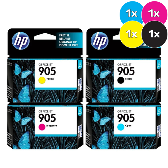 HP 905 Bundle Pack, four HP 905 ink cartridges in yellow, magenta, cyan, and black colors.