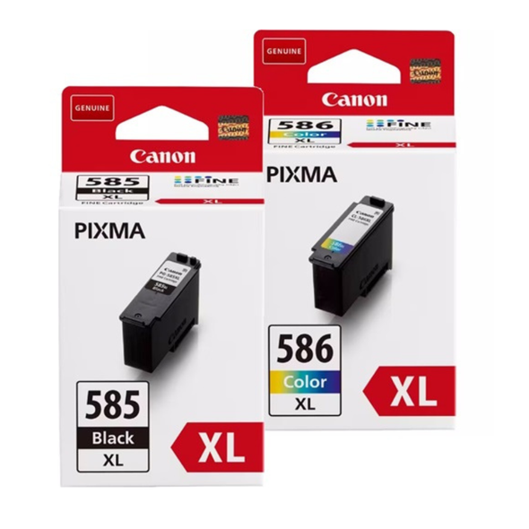 Canon PG585XL, CL586XL ink cartridges, black and color, PIXMA, XL, Canon brand packaging shown.