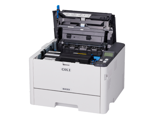 OKI B433dn Mono A4 printer, white, with open top panel and 250 sheet input tray visible.